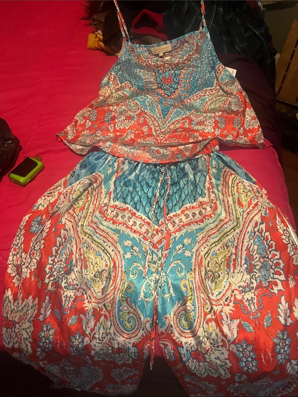 Paisley Print Two-Piece Skirt Set in Coral & Turquoise